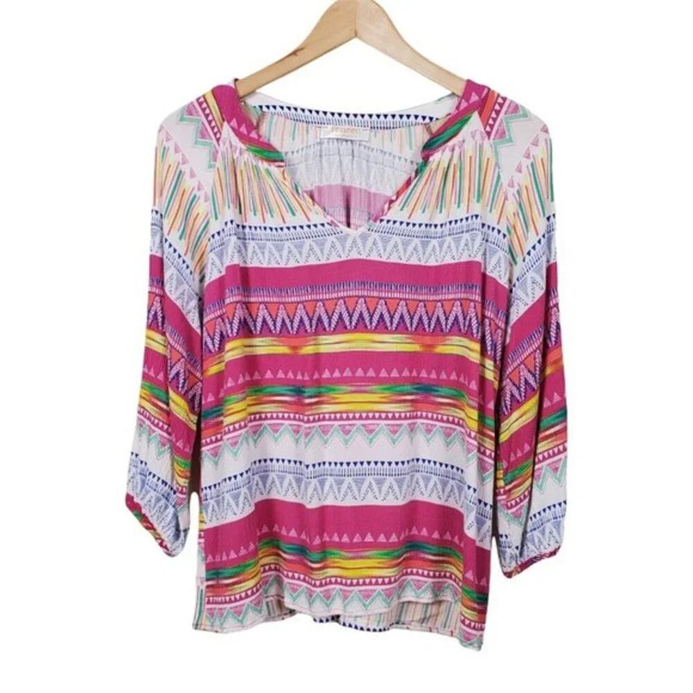 Renee C Boho Aztec Print Blouse Women Size L Multicolor Rayon Festival Top USA